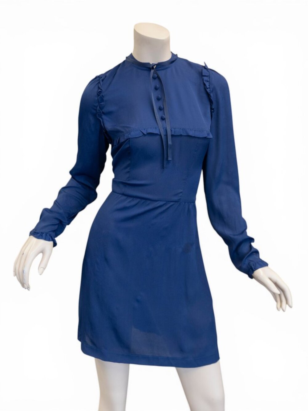 Reformation Navy Ruffle Neck Mini Dress | Long Sleeve A-Line | Size 6